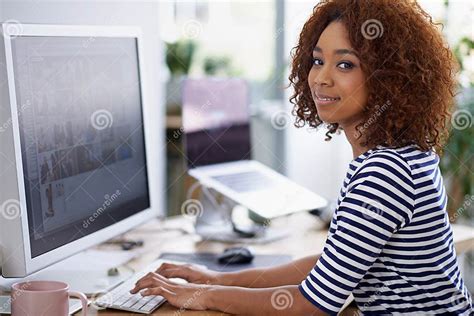 Creative Office And Portrait Of Black Woman At Computer With Productivity On Project Or Writing