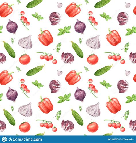 Watercolor Vegetable Seamless Pattern Garlic Basil Leaf Bell Pepper