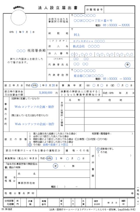 【会社設立後の提出書類】①法人設立届出書の書き方（記入例あり） リーガルメディア