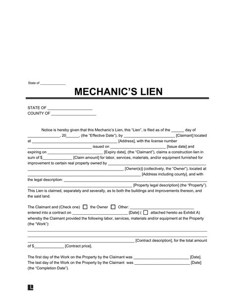 Free Mechanic S Lien Template PDF Word