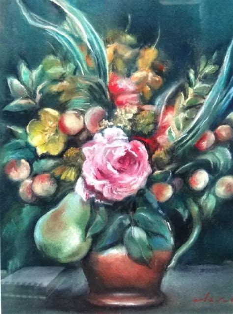 Ancien Tableau Pastel Nature Morte Aux Fleurs Roses Fruits Sign