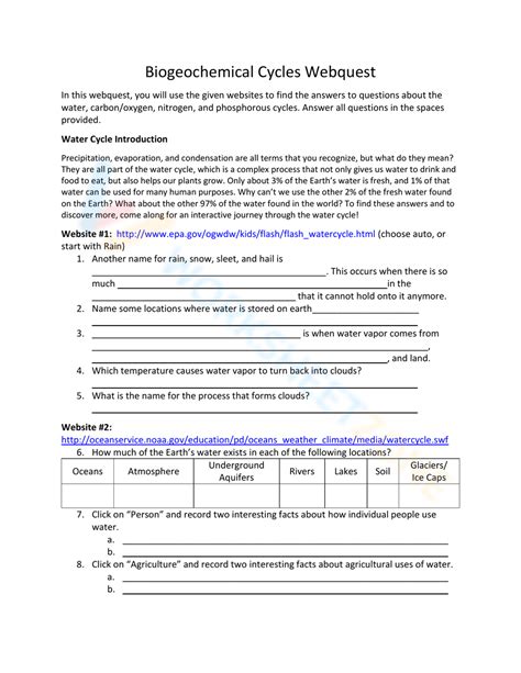 Biogeochemical Cycles Webquest Worksheet