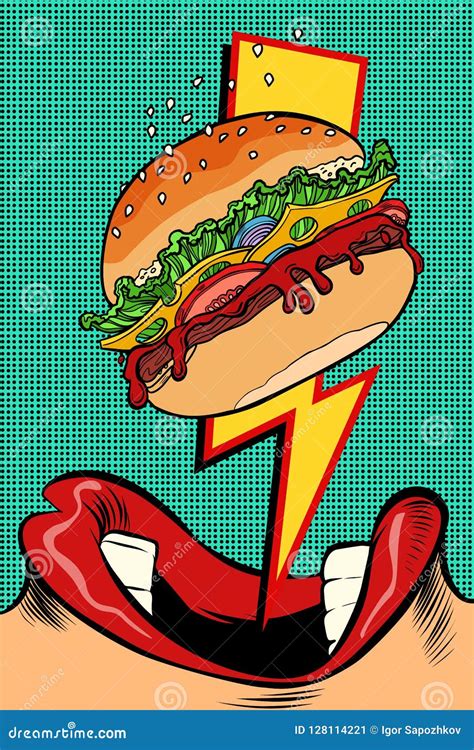 Mujer Que Come La Hamburguesa Estilo Del Arte Pop Boca Femenina Ilustración Del Vector