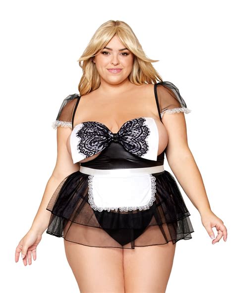 Dreamgirl Plus Size Maid-Themed Open Cup Mesh Babydoll Bedroom Costume