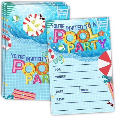 20 Pool Party Invitations with Envelopes - Double Sided - Birthday ...