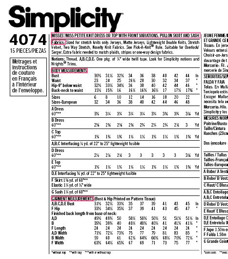 Simplicity Pattern Size Chart