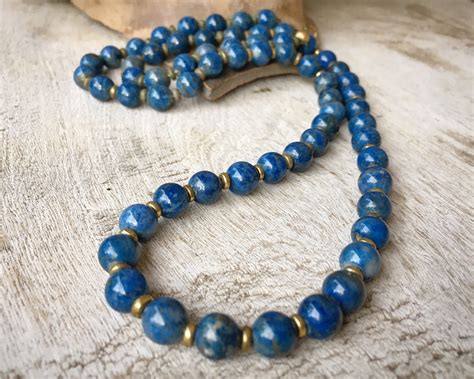 Vintage Lapis Lazuli Bead With Brass Spacer Necklace For Women Estate Jewelry Southwestern Style