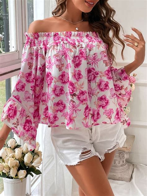 SHEIN VCAY Floral Print Off Shoulder Flounce Sleeve Frill Trim Blouse