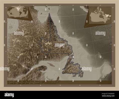 Newfoundland And Labrador Province Of Canada Elevation Map Colored In Sepia Tones With Lakes