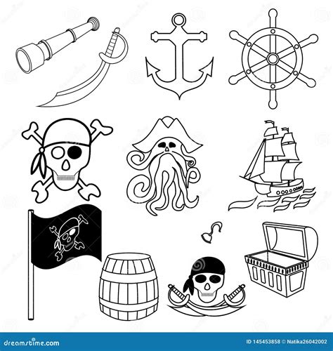 Pirates Themed Drawings By Hand Pirate Symbols Swords Treasure Chest