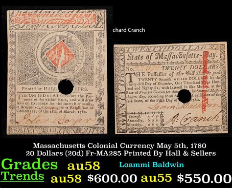 Bid Now Massachusetts Colonial Currency May 5th 1780 20 Dollars 20d