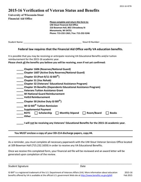 2015 16 Verification Of Veteran Status And Benefits