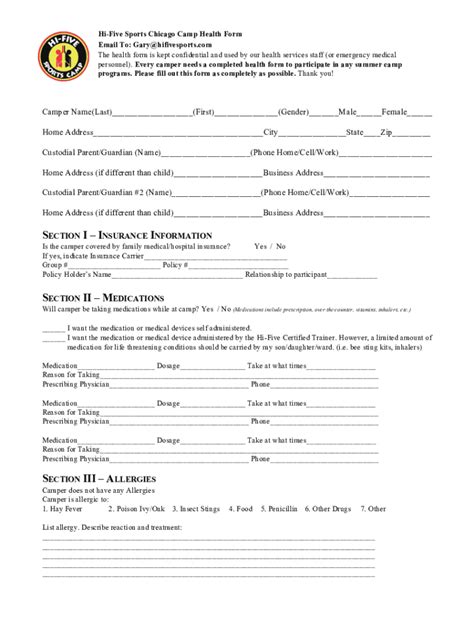 Fillable Online Hi Five Summer Camp Health Form Docx Fax Email Print Pdffiller