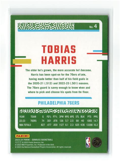 TOBIAS HARRIS 4 2023 24 PANINI DONRUSS 76ERS GREEN LASER EBay