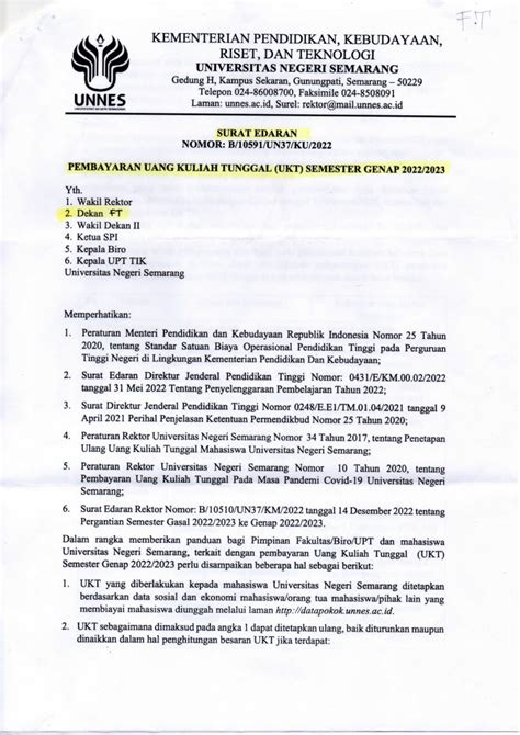 SURAT EDARAN TENTANG PEMBAYARAN UANG KULIAH TUNGGAL UKT SEMESTER