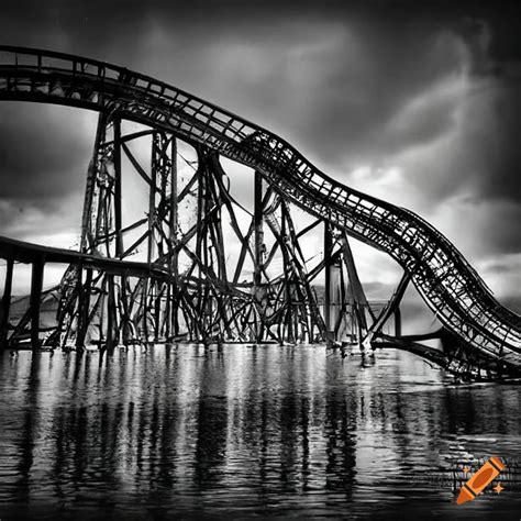 Abandoned Flooded Roller Coaster At Six Flags New Orleans In Black And