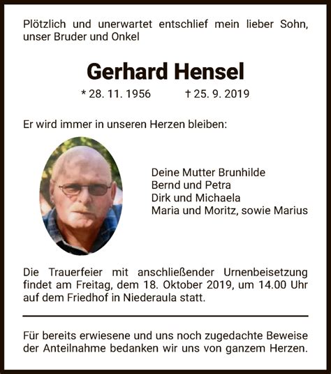 Traueranzeigen Von Gerhard Hensel Trauer Hersfelder Zeitung De