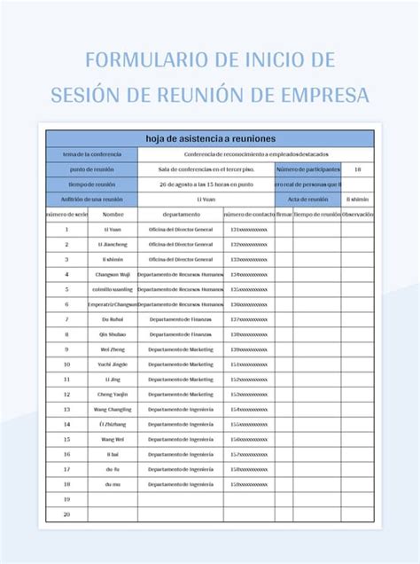 Plantilla de Excel Formulario De Inicio De Sesión De Reunión De Empresa