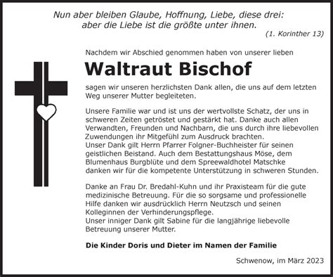 Traueranzeigen Von Waltraut Bischof M Rkische Onlinezeitung Trauerportal