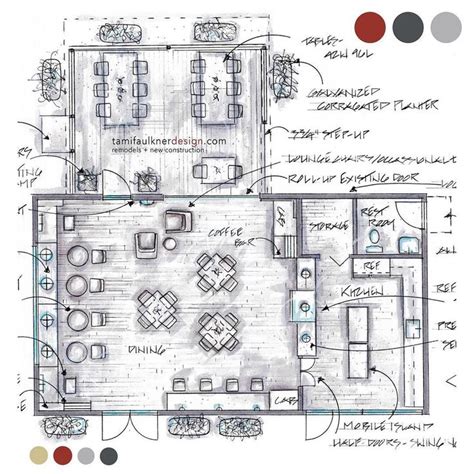 The Floor Plan For A Restaurant With Seating Areas And Kitchen Layouts