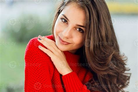 Close Up Beauty Portrait Of Brunette Woman With Wavy Long Hairs Cute