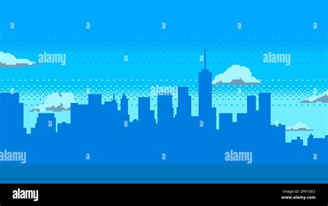 Pixel Art Game Background With City Silhouette And Clouds Vector