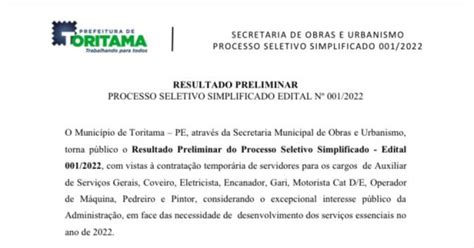 Prefeitura Publica Resultado Preliminar Do Processo Seletivo Da