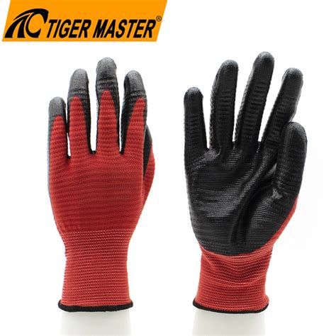 Custom Logo Red Nylon Liner Black Nitrile Gloves Work Oil Chemical