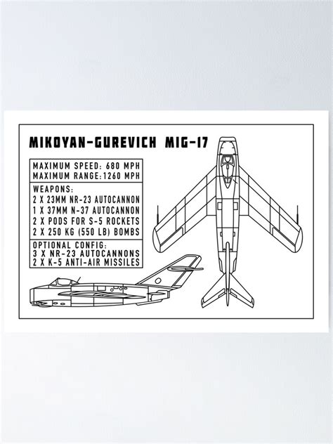 MiG 17 Russian Jet Fighter Plane Blueprint Schematic Poster For Sale