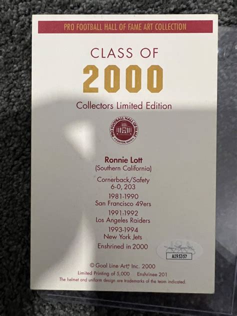 Ronnie Lott Signed Jsa Coa Goal Line Art Card Nfl Hof San Francisco