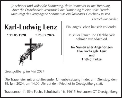 Traueranzeigen Von Karl Ludwig Lenz Abschied Nehmen De