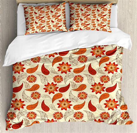 Orange Duvet Cover Set Red Poppy Flowers In Retro Style And Leaves