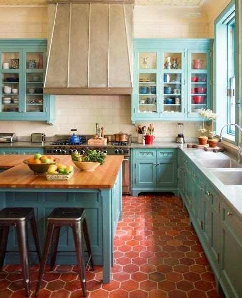 Vibrant Turquoise And Terracotta In This Expansive Kitchen In A