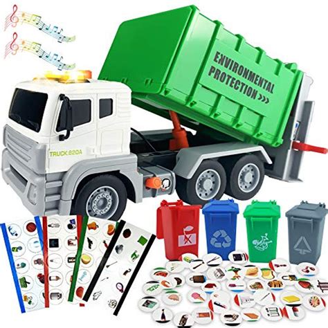 Garbage Truck Toy 12 Friction Powered Toy Trash Truck with 4Trash Cans 40Garbage Sorting Cards ...