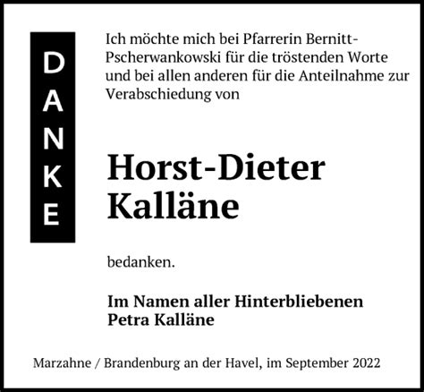 Traueranzeigen von Horst Dieter Kalläne Märkische Onlinezeitung