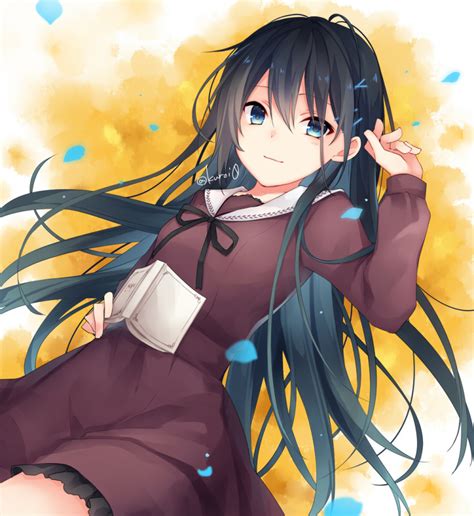 Safebooru 1girl Bangs Black Hair Black Ribbon Blue Eyes Blush Book Brown Dress Closed Mouth