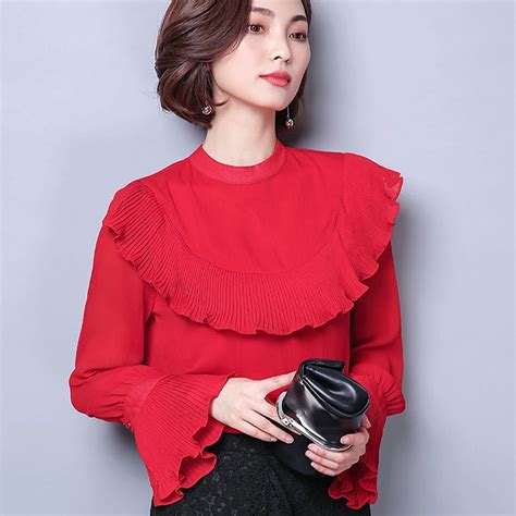 2018 Autumn Long Sleeve O Neck Ruffles Red Chiffon Blouses Women Office