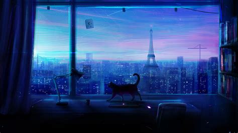 Cat Art Window City View 4k Hd Wallpaper