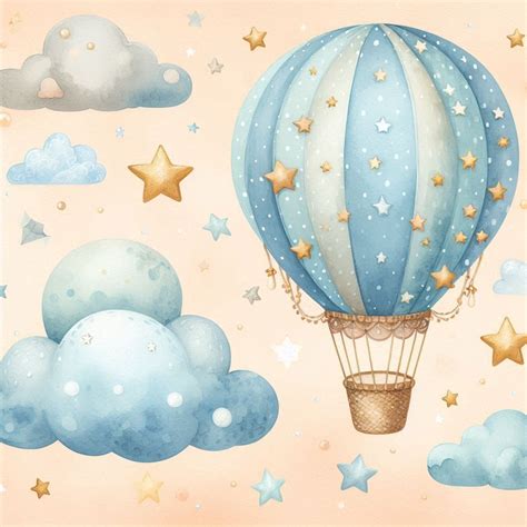 Template For Frame With Hot Air Balloons Clouds And Rainbow Hand Drawn Watercolor Illustration