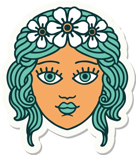 Autocollant De Tatouage Dans Le Style Traditionnel Du Visage Féminin Avec Couronne De Fleurs