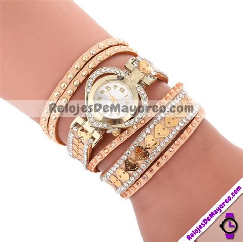 Reloj Pulcera Extensible Piel Sintetica Corazones Y Piedras Beige R