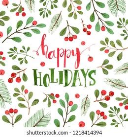 Happy Holidays Card Watercolor Illustration Lettering Stock