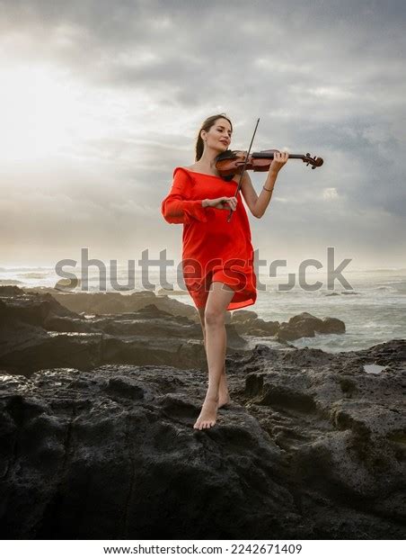 Attractive Woman Violin On Beach Music Stock Photo