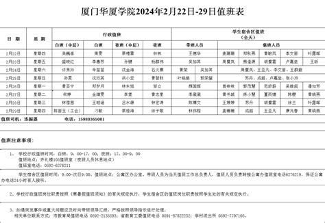 厦门华厦学院2024年2月22日 29日值班表 学校办公室 厦门华厦学院