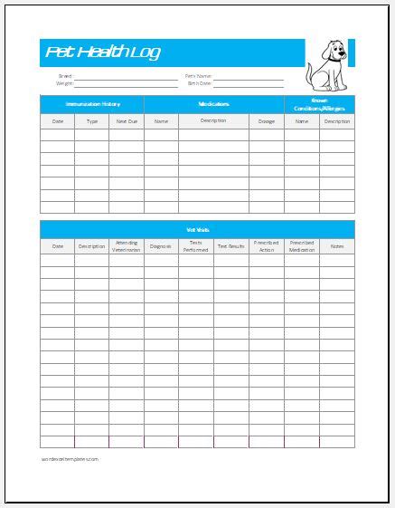 Pet Health Record Sheet Word And Excel Templates