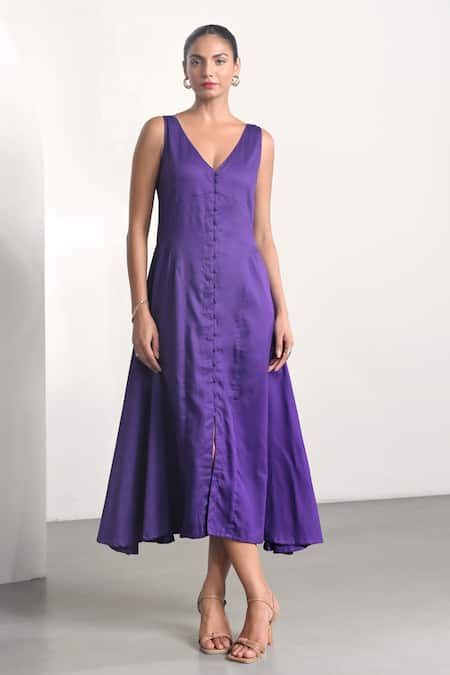 Buy Purple Cotton Satin Solid V Neck Plain Midi Dress For Women By