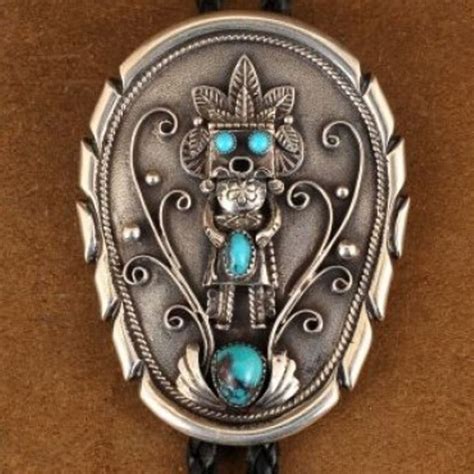 Large Sterling Silver Kachina And Turquoise Bolo Tie By Navajo Jerry