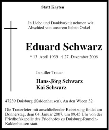 Traueranzeigen Von Eduard Schwarz Trauer In Nrw De