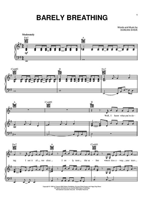 Barely Breathing Sheet Music By Duncan Sheik For Piano Vocal Chords