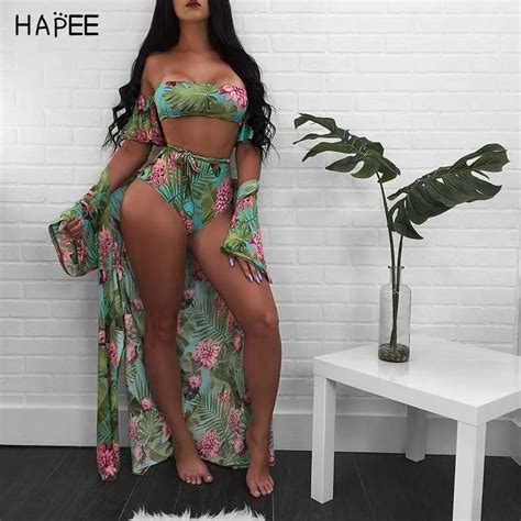 Off The Shoulder Women Print Frill Tie Up Brazilian Bathing Suits Three